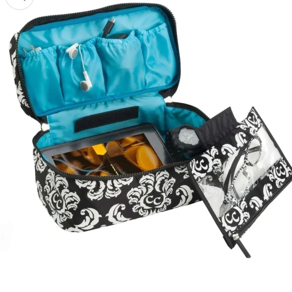 🆕 Travel Pouch for Makeup, Tech, Chargers and Much More Teal Black White